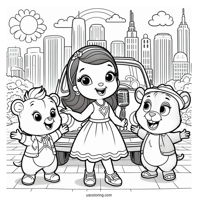 Sing Coloring Page Of Rosita, Gunter, And Friends Singing And Dancing In Front Of Car