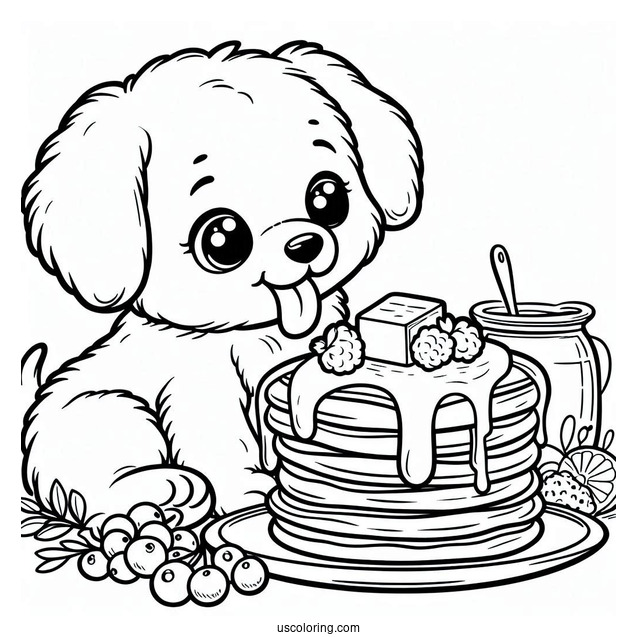 Puppy Licking Large Pancake Coloring Page With Butter And Berries