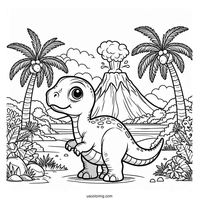 Little Apatosaurus With Volcano In The Background