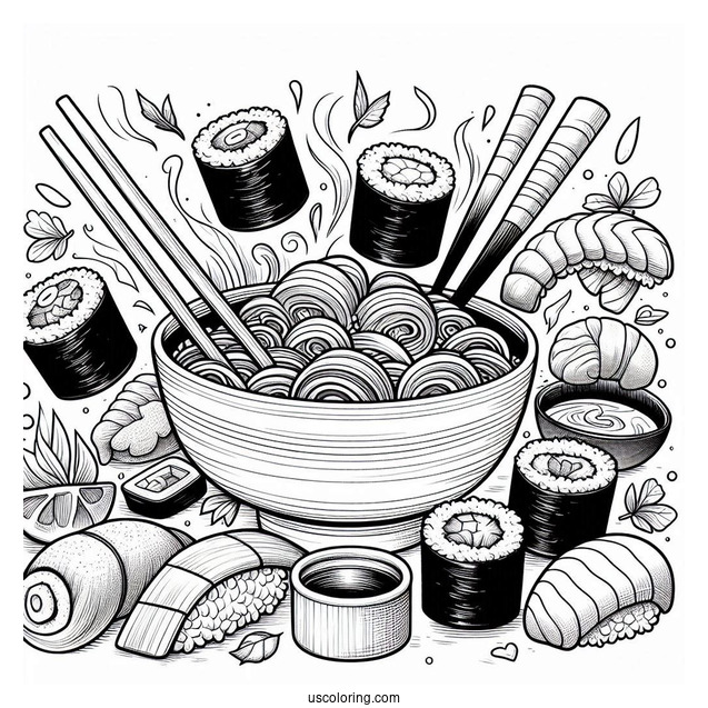 Sushi Coloring Pages Nigiri, Maki, Uramaki, Inaru, And Temari Sushi Bursting From A Ramen