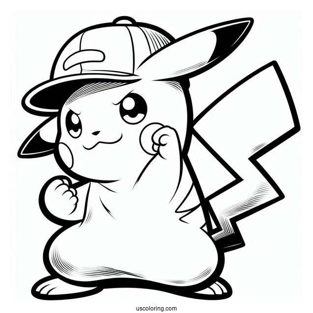 Pikachu Wearing Cap On Fighting Stance Coloring In