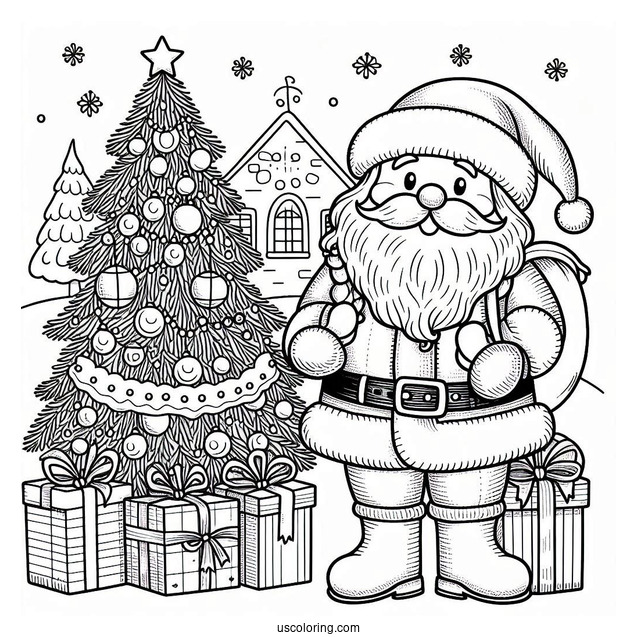 Santa Claus Beside A Christmas Tree On New Year Coloring Page