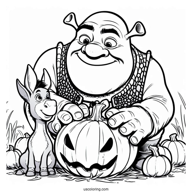 Shrek With Donkey And Pumpkin During Halloween