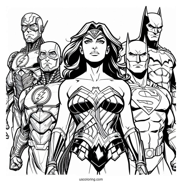 Justice League Coloring Page Of Cyborg, Green Lantern, Flash, Wonder Woman, Batman, And Superman