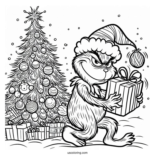 The Grinch Stealing a Christmas Tree Coloring Sheet