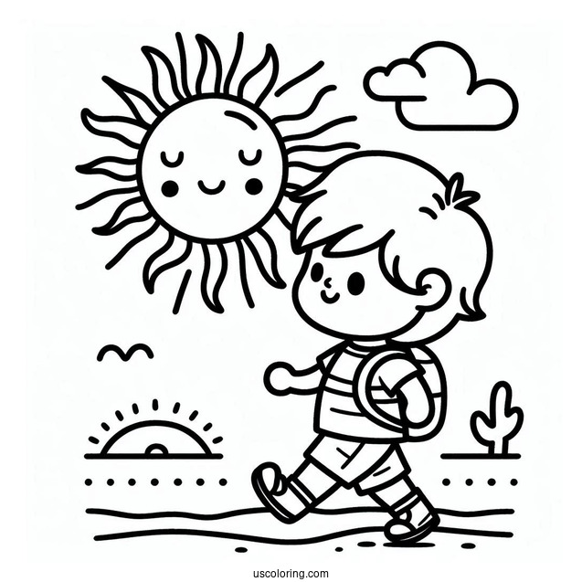 Cheerful Summer Coloring Page Of Sun Walking For Kids