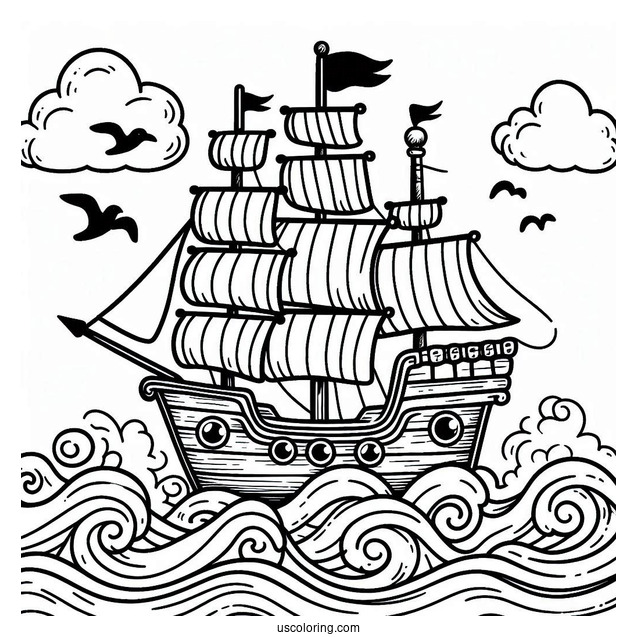 Easy Cute Pirate Ship Coloring Page With Waves For Preschoolers