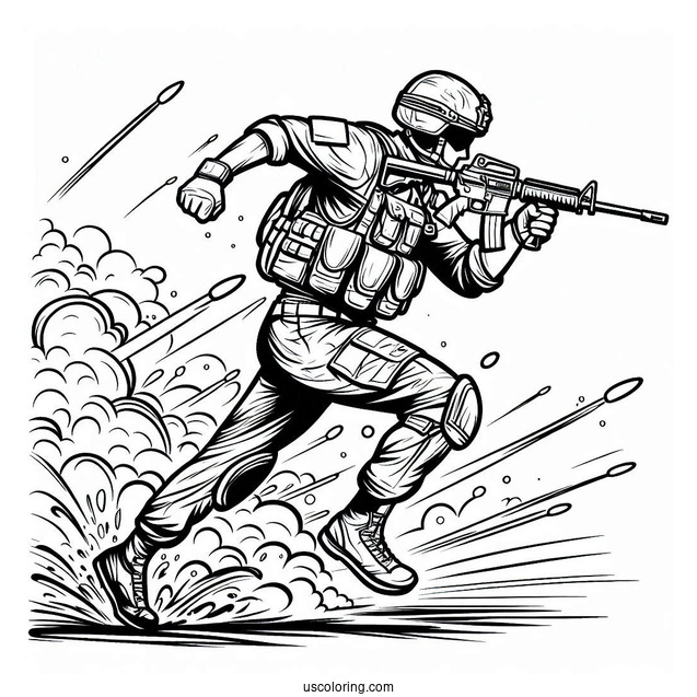 Soldier Coloring Page Running In The Middle Of A Crossfire