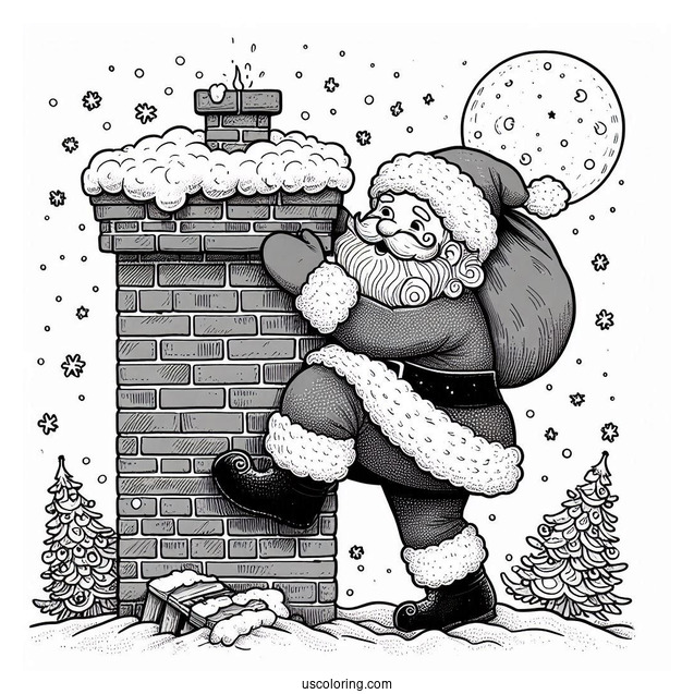 Santa Claus Squeezing Into Brick Chimney To Color
