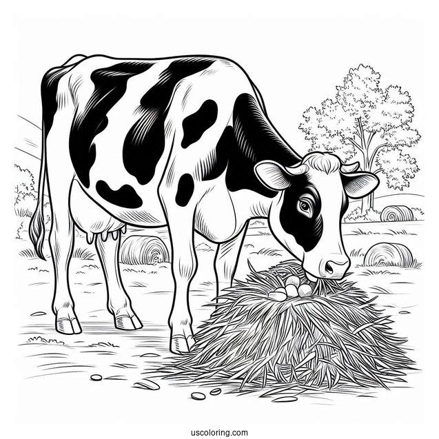 Holstein Cow Eating Grass On Farm Coloring Page
