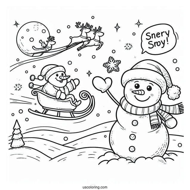Snowman Waving At Santa On A Sleigh Flying Over The North Pole Coloring Page
