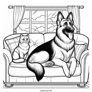 German Shepherd And Cat Sitting On Couch