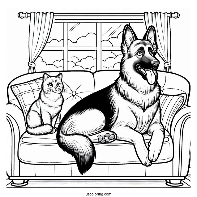 German Shepherd And Cat Sitting On Couch