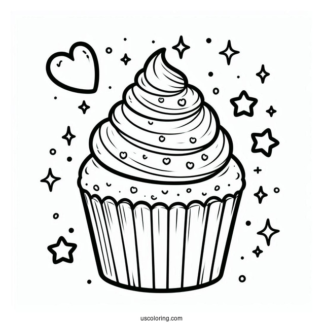 Cupcake With Stars And Love Heart To Color