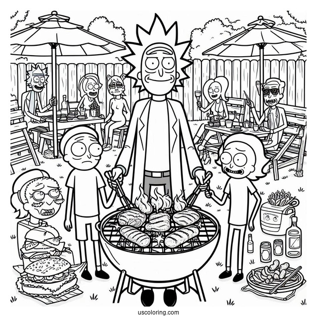 Rick and Morty Coloring Page Of Backyard Barbecue Party With Characters
