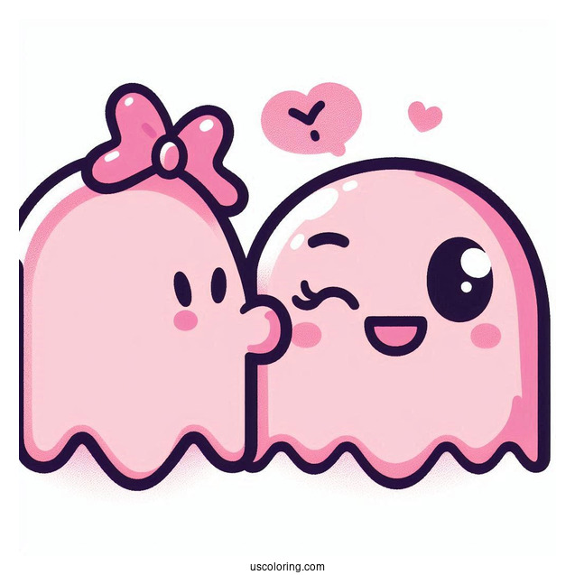 Pinky Ghost Kissing Pac-Man Coloring Page On The Cheek