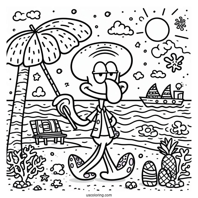 Simple Squidward Coloring Page Going On Vacation