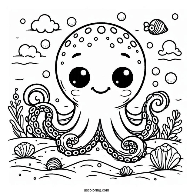 Grinning Cartoon Octopus Coloring Page In The Sea With Shells