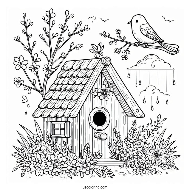 Spring Coloring Page Of Bird House With Flowers And Bird