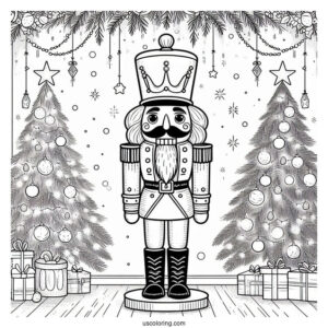 Nutcracker Coloring Page Standing In Front of Two Christmas Trees
