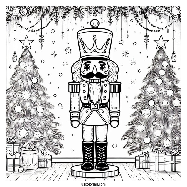 Nutcracker Coloring Page Standing In Front of Two Christmas Trees
