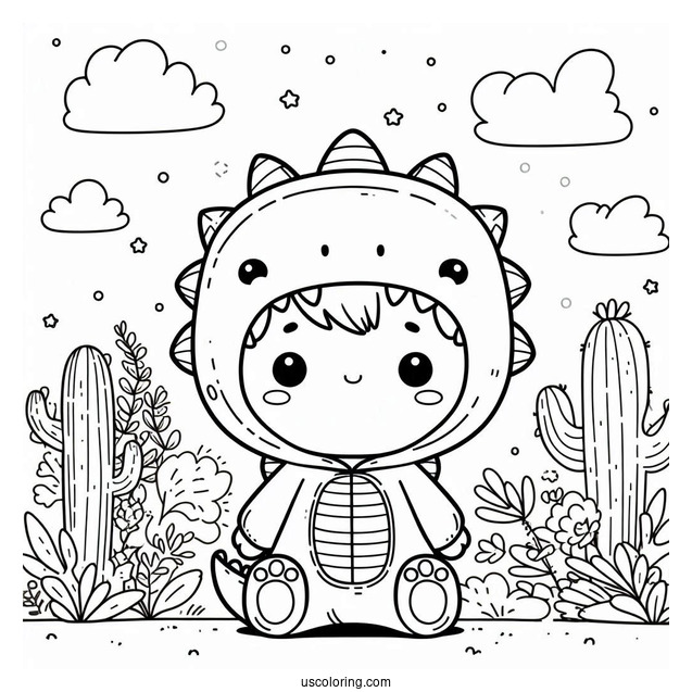 Cute Coloring Page Little Boy Wearing A Dinosaur Onesie