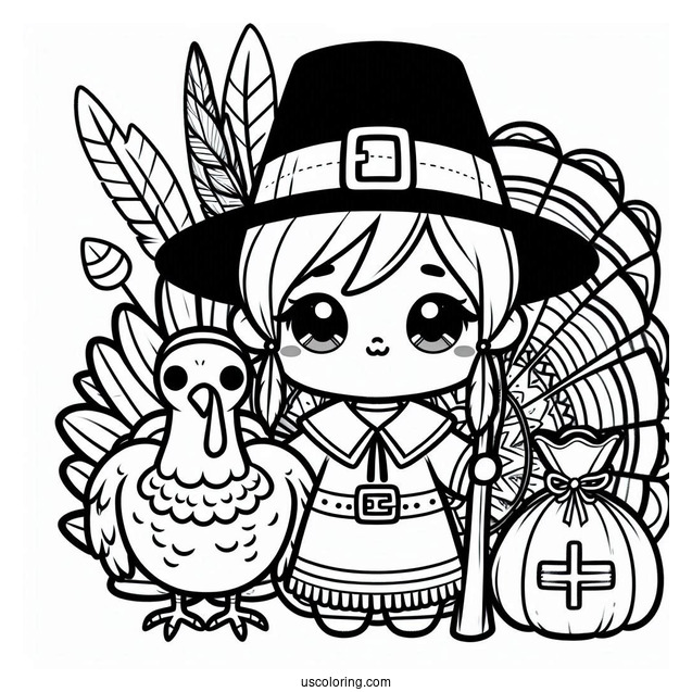 Chibi Pilgrim Coloring Page With Native Americans And A Turkey