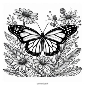 Monarch Butterfly Coloring Page Perched On Flowers