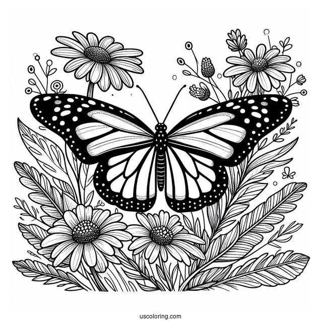 Monarch Butterfly Coloring Page Perched On Flowers