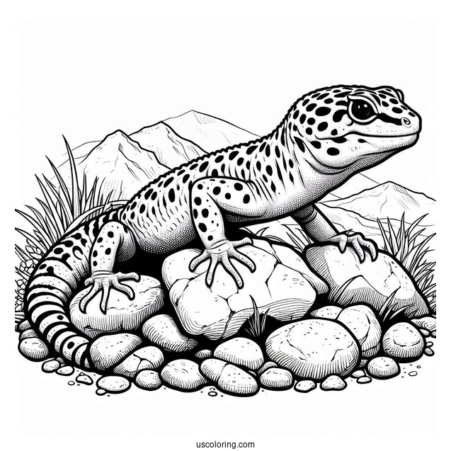 Leopard Gecko Lizard Coloring Page On Rocks