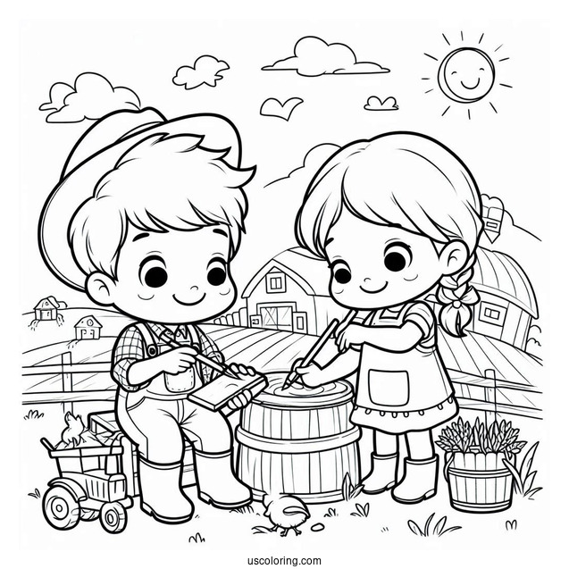 Two Children Working On Farm To Color