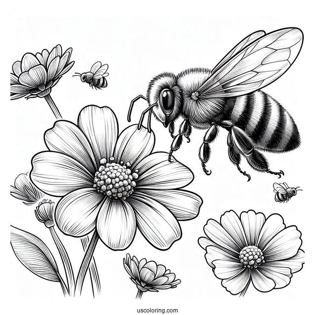 Realistic Bee Coloring Page Hovering Over Flowers