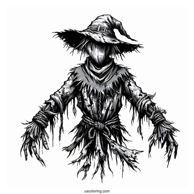 Terrifying Scarecrow Coloring Page With Tattered Clothes