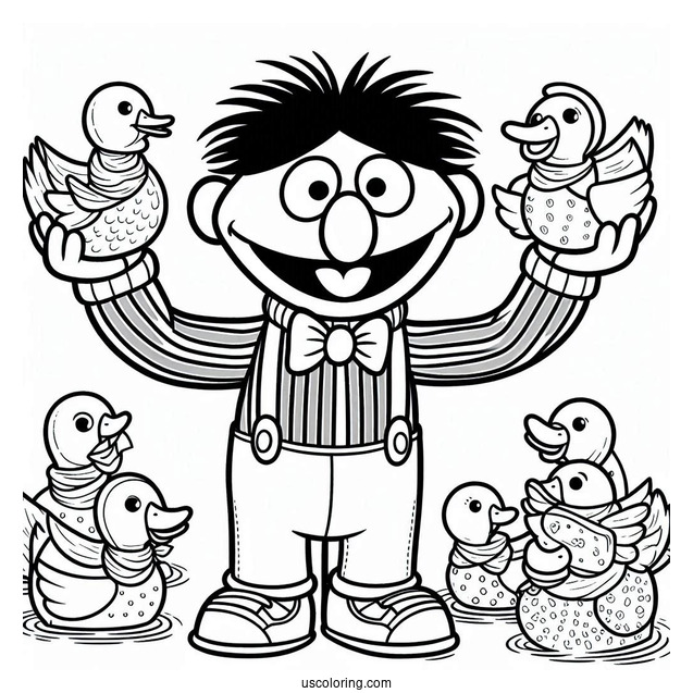 Ernie Holding Paper Ducks Coloring Sheet