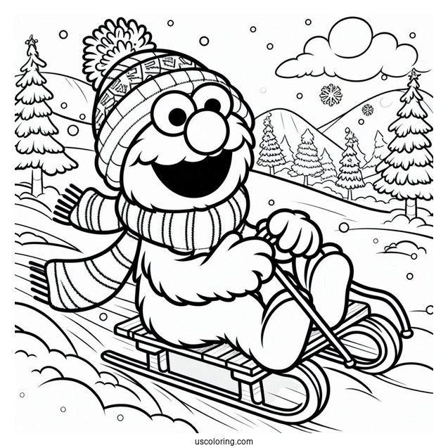 Elmo Riding a Sled During Winter To Color
