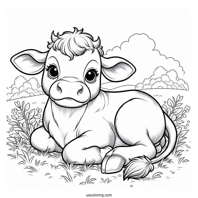 Baby Cow Resting In Grass Coloring Page