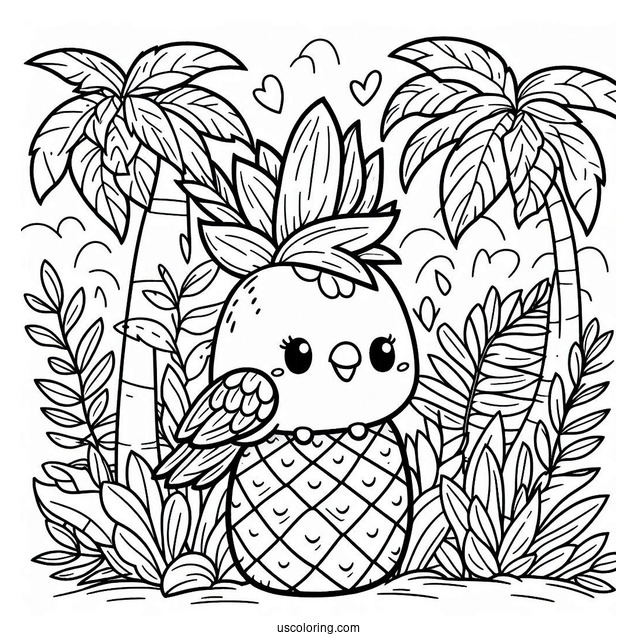 Kawaii Pineapple Coloring Page With Parrot in Tropical Jungle For Kids