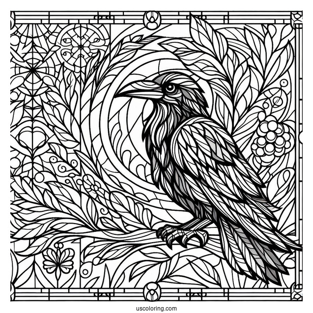 Raven Coloring Page With Stained Glass In The Background