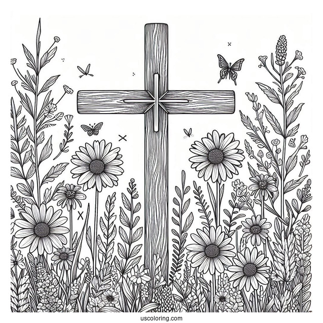 Cross Coloring Page Covered In Wildflowers On A Field