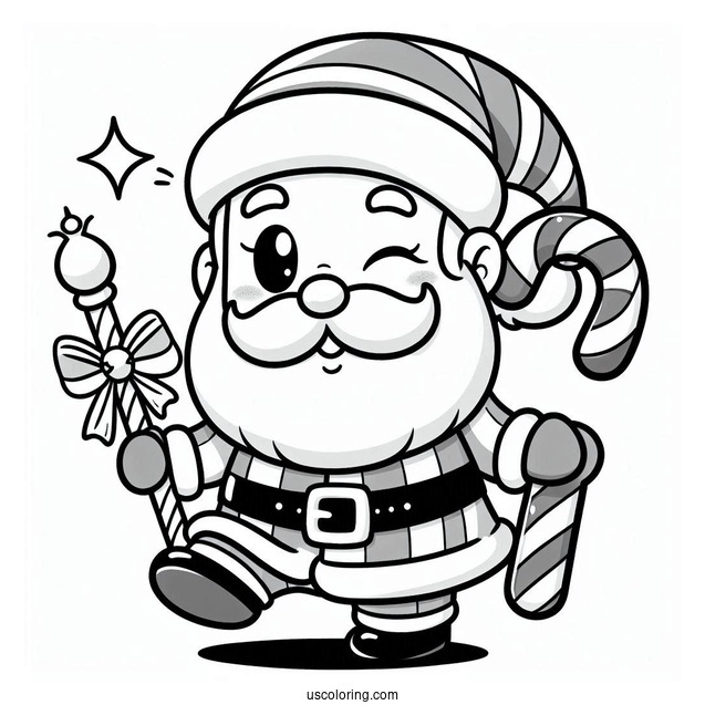 Cartoon Santa Winking While Carrying A Candy Cane Coloring Page For Kids