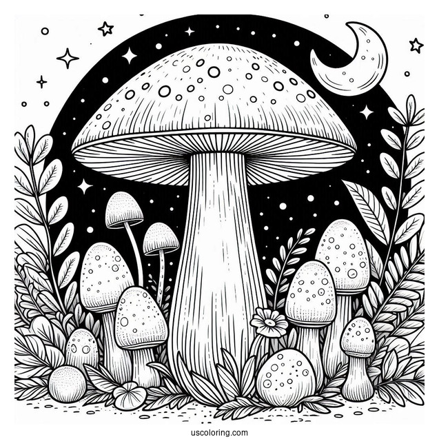 Large Mushroom Coloring Page With Other Plants Under The Night Sky