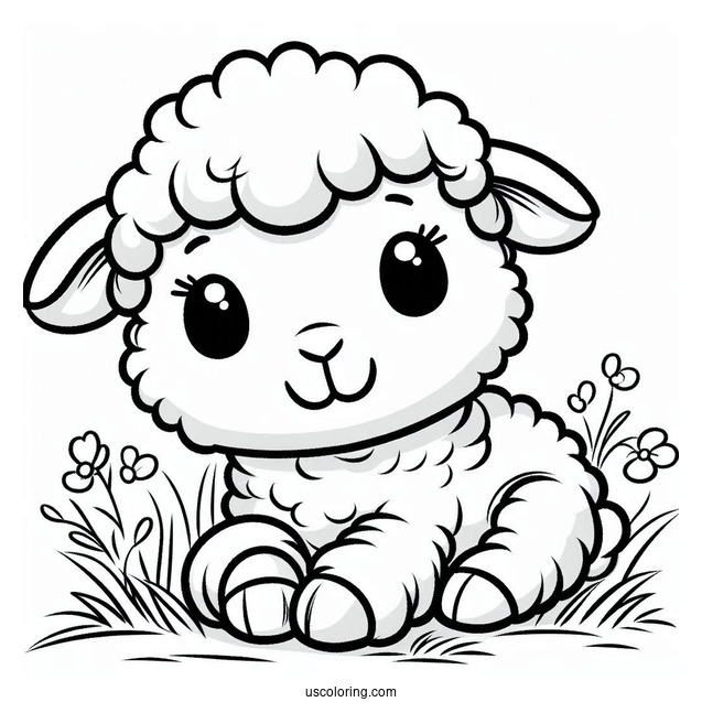 Happy Baby Lamb Sitting In Field Coloring