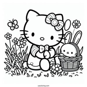 Hello Kitty Sitting On The Grass With A Rabbit Coloring Page For Kids