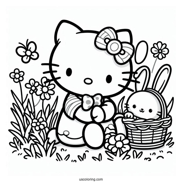 Hello Kitty Sitting On The Grass With A Rabbit Coloring Page For Kids