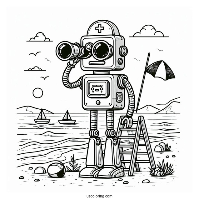 Robot Lifeguard With Binoculars At The Beach