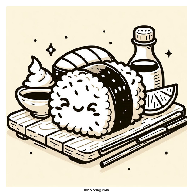 Sushi Coloring Pages Smiling Nigiri With Soy Sauce And Wasabi On A Board For Kids