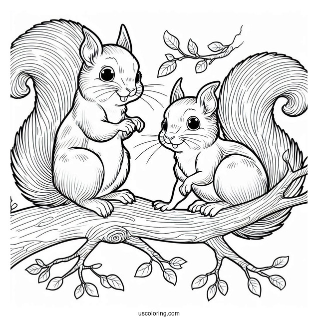 Easy Outline Of Two Squirrels Coloring Page On Tree Branch