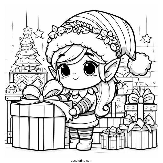 Festive Chibi Coloring Page Elf Wrapping Presents in a Christmas Workshop