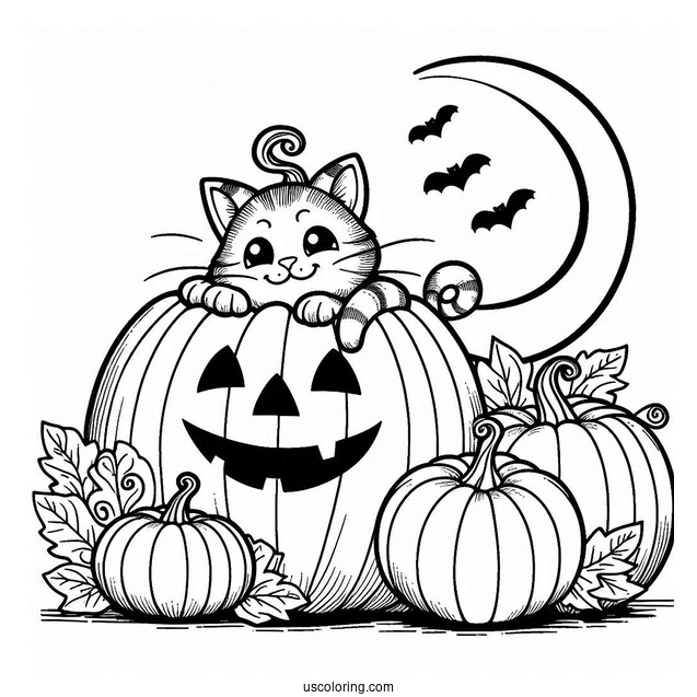 Pumpkin Coloring Page Of Cat Poking Head Out Of A Jack O Lantern