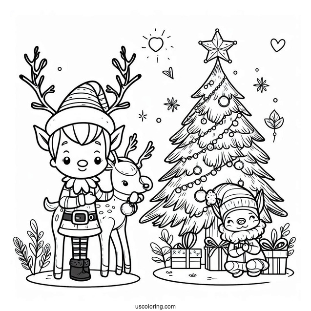 Elf, Reindeer And Christmas Tree To Color For Kids